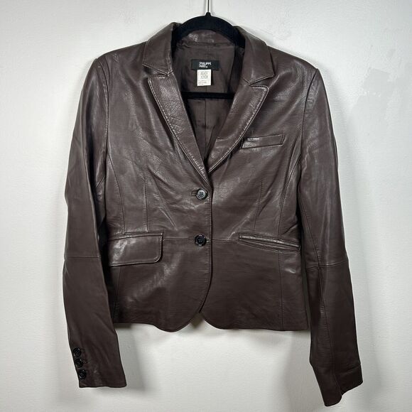 Philippe Adec Jackets & Blazers - Philippe Adec Womens Button Notched Lapel Leather Jacket Brown Vintage Size 4